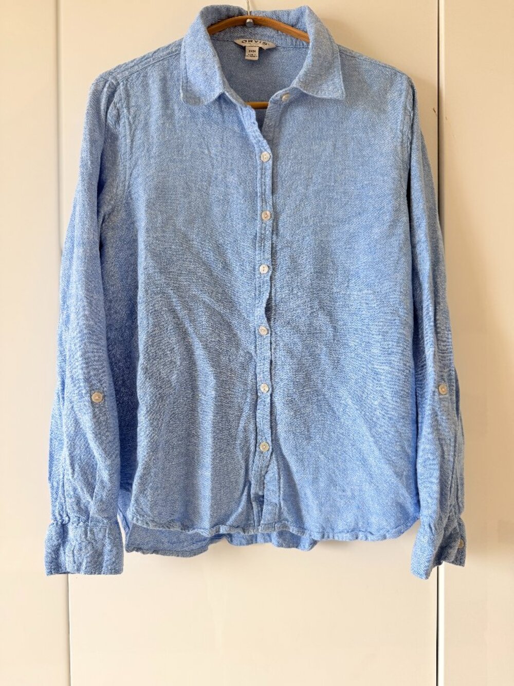 Orvis Light Blue Chambray Linen Button Down Shirt Womens S